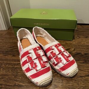 Tory Burch Red and White Frayed Striped Canvas Aline Denim Espadrilles